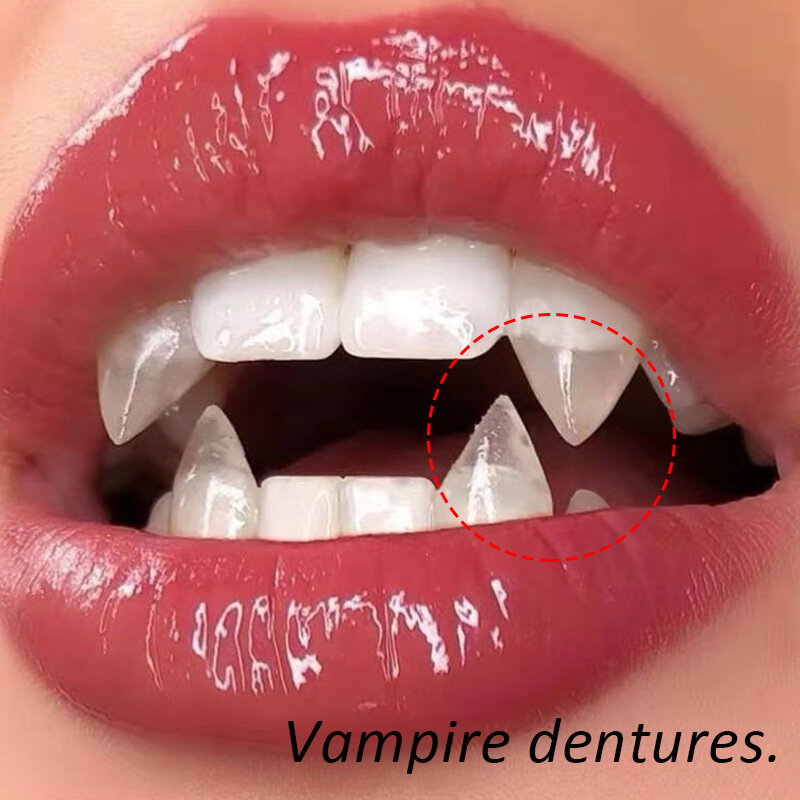 Vampiro dentes presas dentaduras adereços, adereços traje de Halloween, dentes falsos, cola sólida, adesivo, decoração festa de Halloween, 1 par