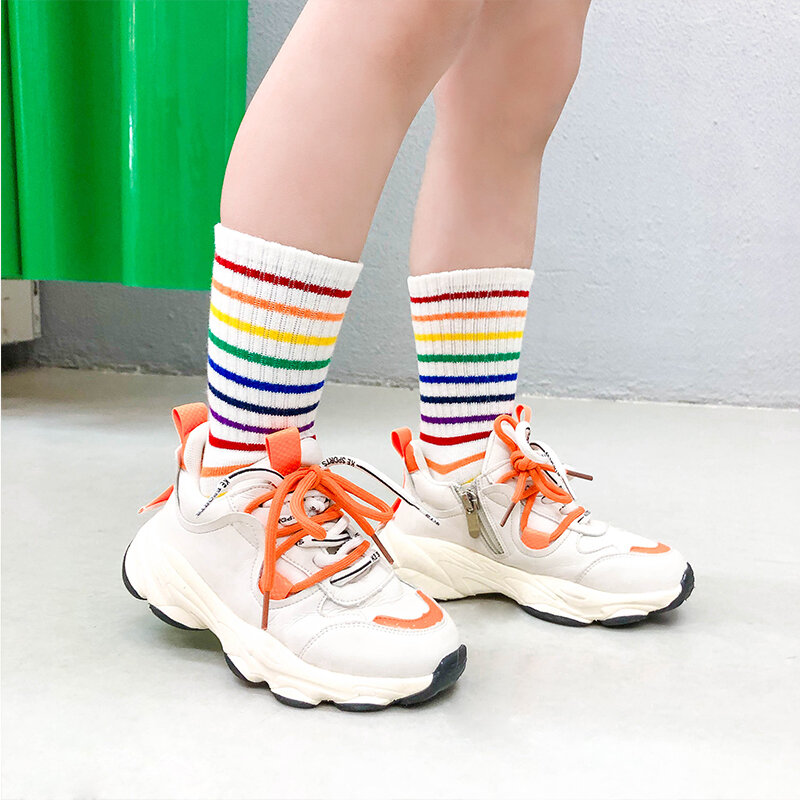 Meias de arco-íris para crianças, meias longas listradas de algodão para meninos e meninas, acessórios escolares