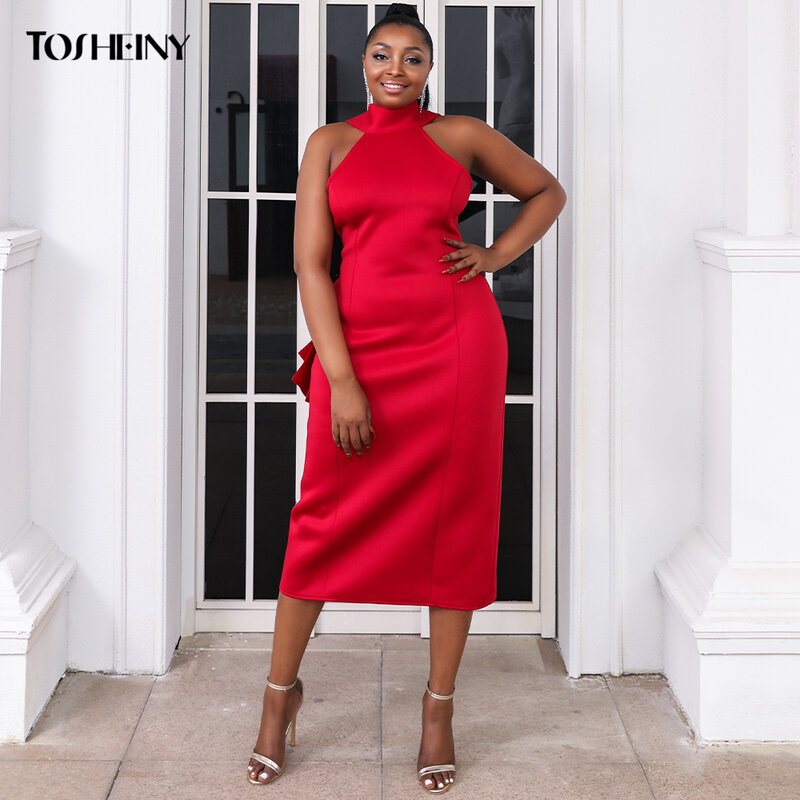 Tosheiny – robe de soirée pour femmes, grande taille, Sexy, Midi, grand nœud, moulante, courbe à la mode, 2XL 3XL, élégante, rouge