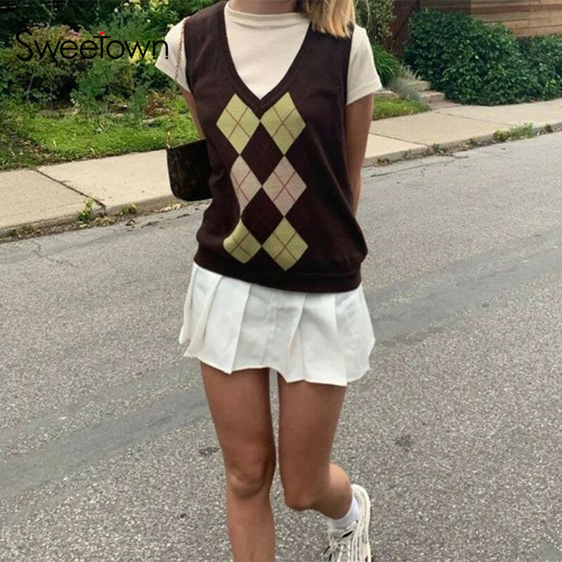 Sweetown – pull tricoté à carreaux Argyle pour femme, gilet Style anglais Preppy, col en V, Streetwear d'automne décontracté des années 90