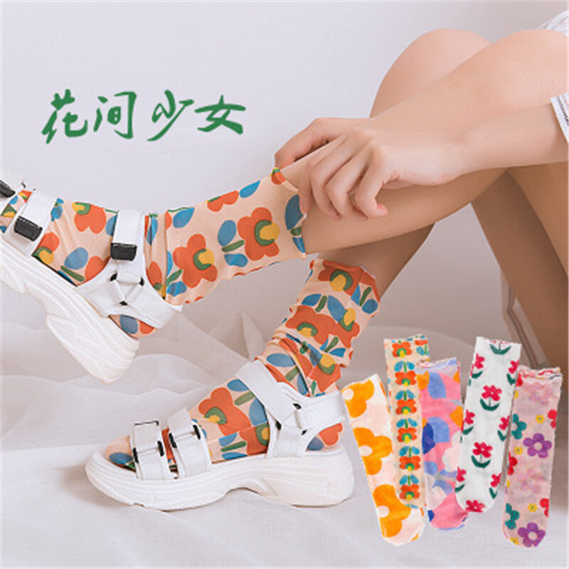 Calcetines de tubo con flor estilo hiuna roja de Corea del Sur, nuevos calcetines finos de verano, japoneses transparentes