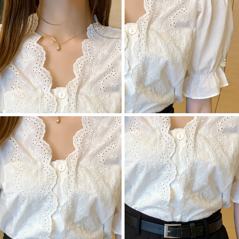 Moda Hollow biała bluzka łączenie koszulka z krótkim rękawkiem dla kobiet Flare rękaw lato wszechstronny dekolt kobiety koronkowa koszula 13984