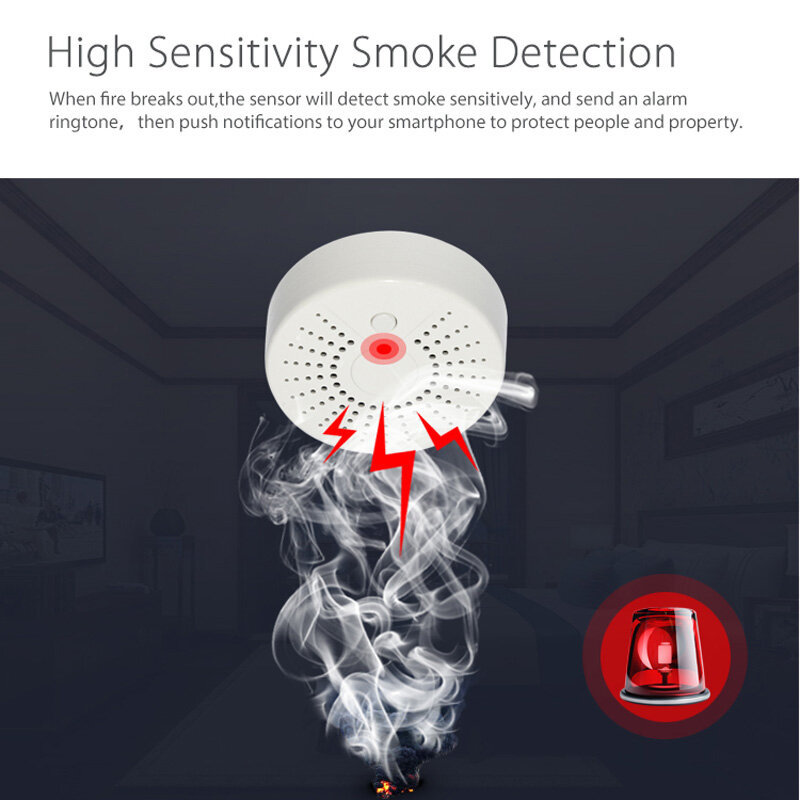 Inteligente Sem Fio Wi-fi Detector de Fumaça Sensor Alarme Alimentado Por Bateria de Controle Remoto APP Notificação Alertas