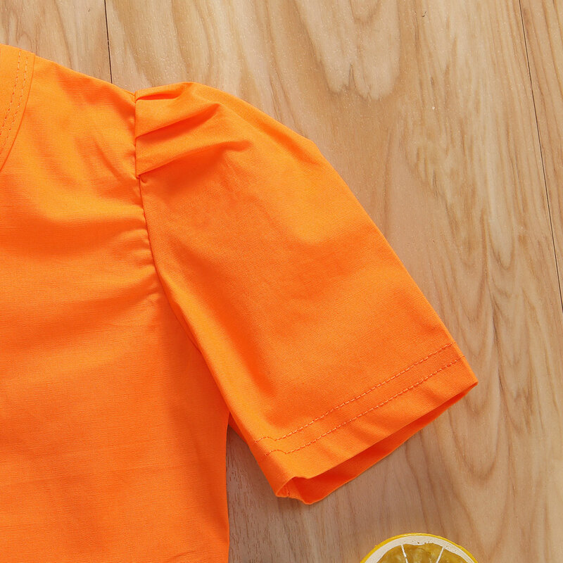 Małe dziewczynki pomarańczowe bufiaste rękawy Top + spódnica z zamkiem błyskawicznym zestaw dziecięcy letni strój dwuczęściowy