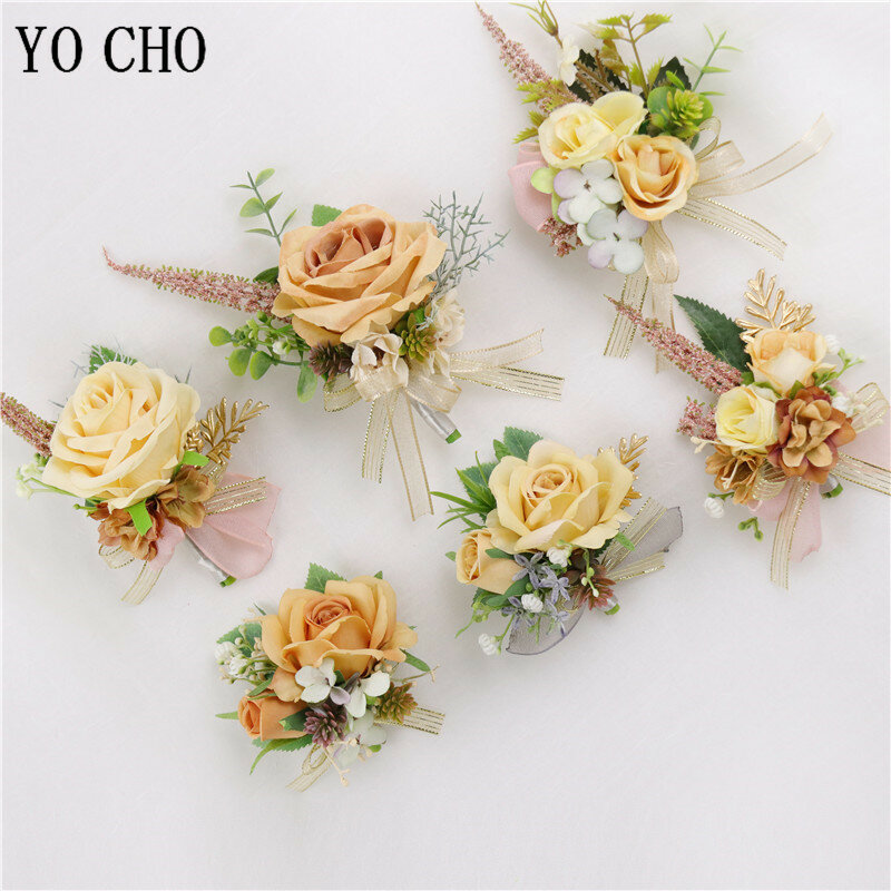 YO CHO Wedding Corsages And Boutonnieres Artificial Silk Rose Flower Girl Wrist Corsage Unique Design Prom Party Bracelet Flower