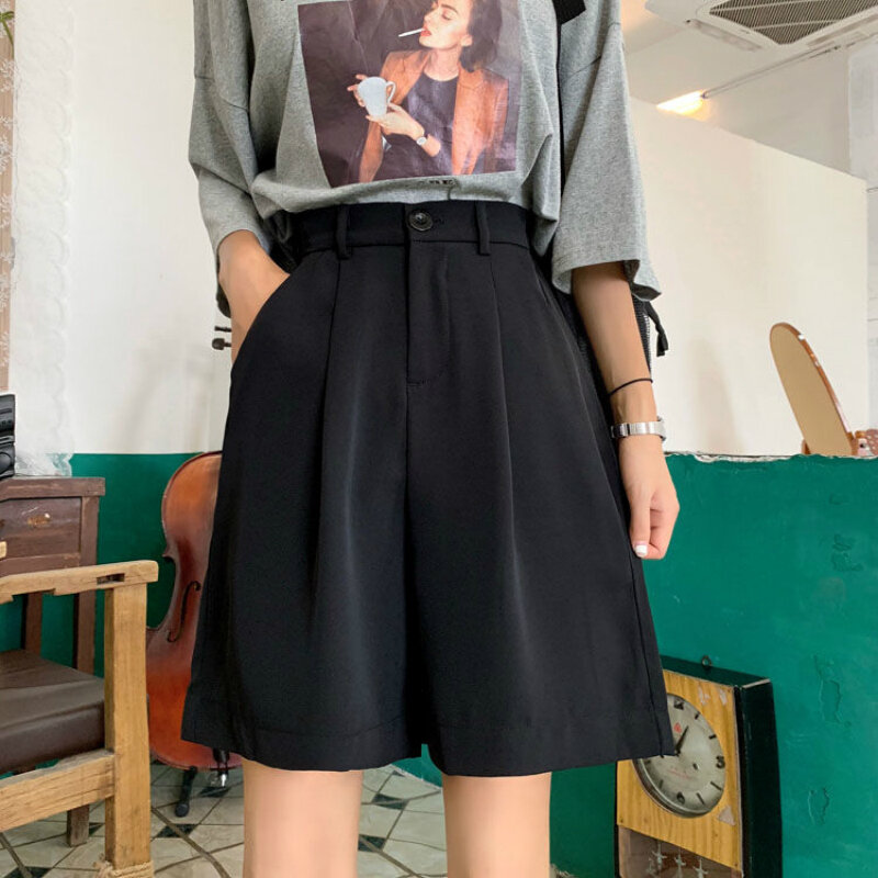 Shorts Women Summer Button Knee-length Black Wide-leg Loose Drape Korean-style Casual Womens Office BF Streetwear Fashion Simple
