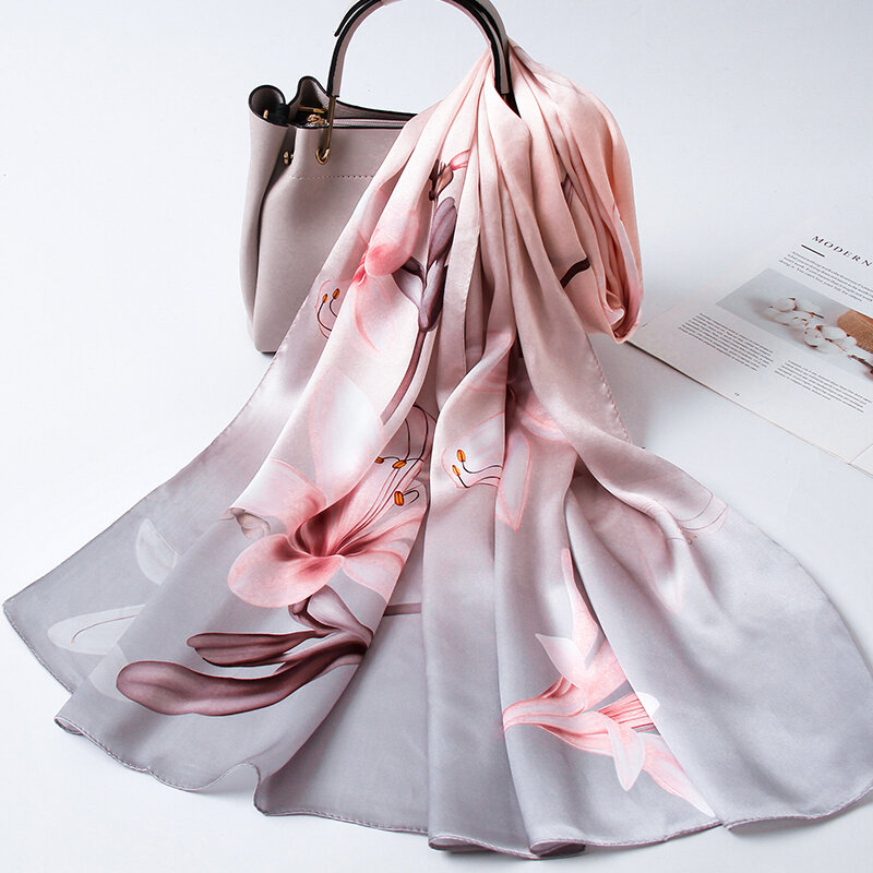 Spring Women 100% Real Silk Scarf Hangzhou Natural Silk Shawl For Ladies Design Long Flower Printed Female Foulard Femme Scarves