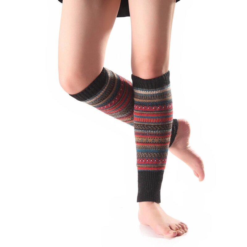 여자 유럽과 미국의 가을 겨울 줄무늬 보헤미안 스타일 따뜻한 레깅스 무릎 길이 니트 레그 워머 한 사이즈