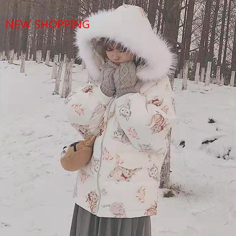 Mantel Katun Kawaii Manis Jepang Wanita Musim Dingin Ditambah Beludru Jaket Penebalan Jaket Pakaian Luar Salju Siswa Anak Perempuan Hitam