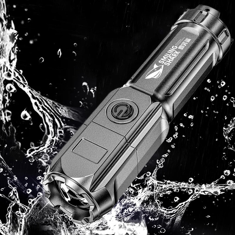 LED Flashlight Portable ABS Strong Light Focusing Light Rechargeable Built-in Battery Outdoor Camping Fishing Lighting Tools