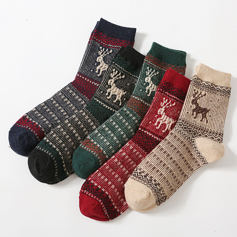 Lot de 5 paires de chaussettes chaudes et épaisses en laine pour femme, socquettes à rayures, rétro, colorées, en laine de neige, nouvel an, cadeau de noël
