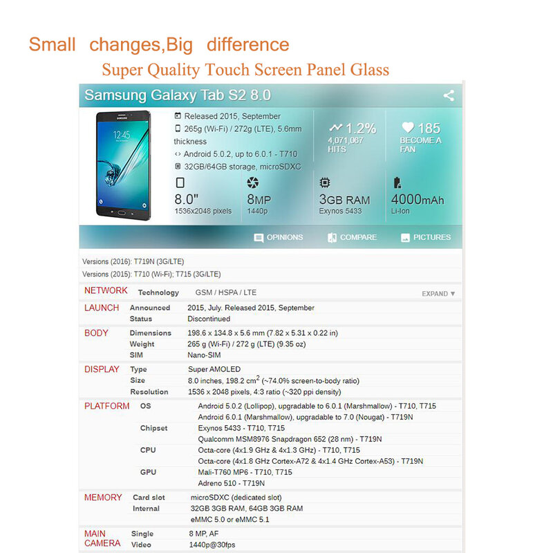 หน้าจอสัมผัสสำหรับแท็บ Samsung Galaxy แท็บ S2 T710 8.0 T715แผงหน้าจอสัมผัสแท็บเล็ตเลนส์กระจก LCD ด้านหน้าด้านนอกด้วยกาว OCA