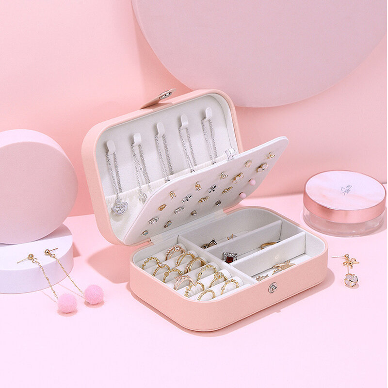2022 caixa de jóias portátil organizador de exibição de jóias de viagem caixa de caixas botão de armazenamento de couro com zíper joyero