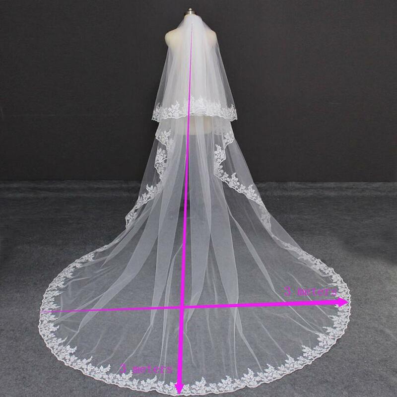 Véu de noiva em renda com 2 camadas, véu de casamento de 3 metros, 2t com pente e acessórios para blush