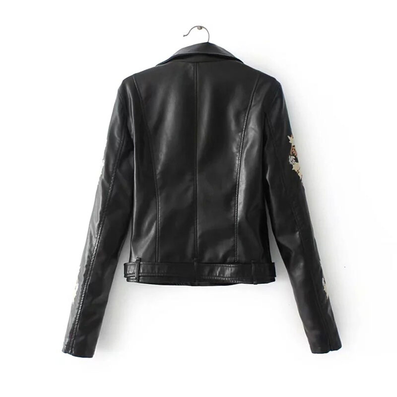 Chaqueta de piel sintética bordada para mujer, abrigo de motocicleta a la moda, color negro, 2019