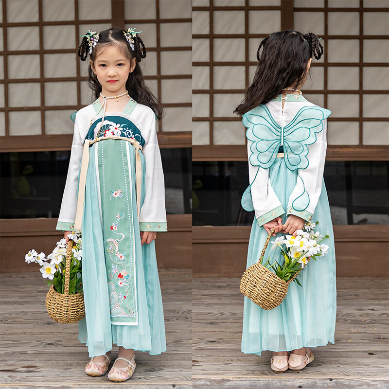 2021 Baru Hanfu Gadis Hijau Bordir Etnis Lengan Panjang Gaun Putri Gaya Cina Peri Anak-anak Tang Jas untuk Anak-anak LB324