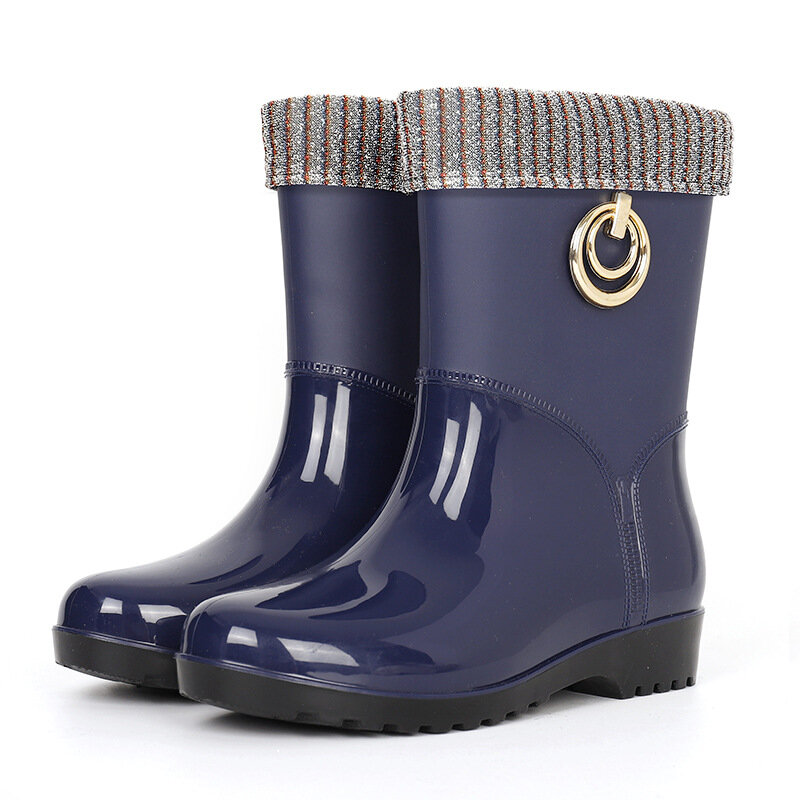 Botas de lluvia impermeables para mujer, zapatos de trabajo de goma, botine, tubo medio, de terciopelo, sin cordones, invierno, 2021