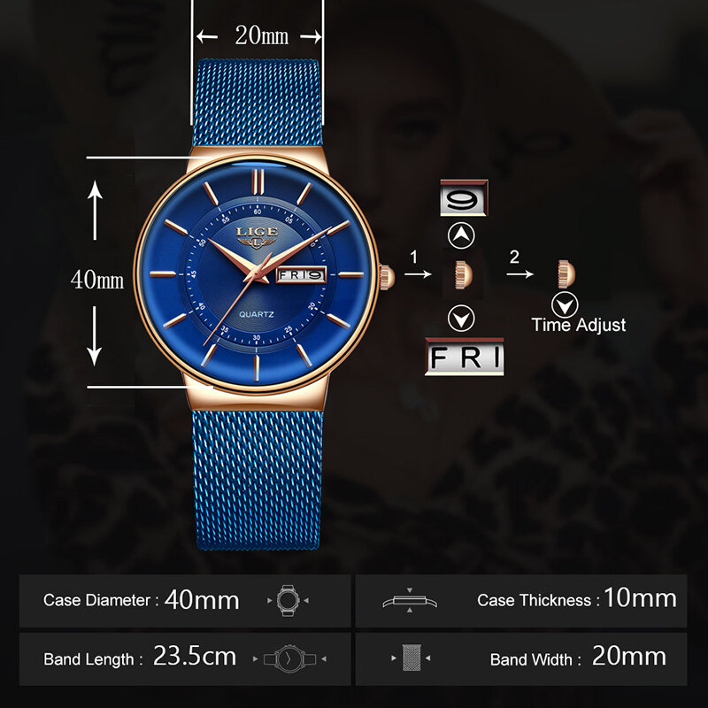 LIGE-Relógio de Quartzo Ultra-Fino Feminino, Marca de Luxo, Semana Calendário, Relógios Femininos, Malha, Aço Inoxidável, Impermeável
