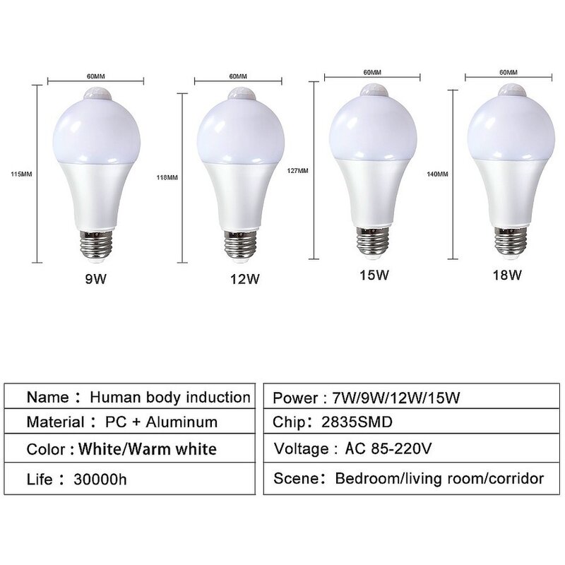 Ampoule à détecteur de mouvement LED PIR, lampe à détecteur intelligent, maison, porche, cour, éclairage de garage, 9W, 12W, 15W, 6 pièces
