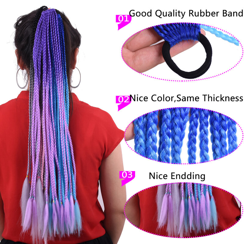 Jumbo Braid Ponytail Hairpiece com bandas elásticas de borracha, trança sintética, extensão do cabelo para mulher, crianças, 50g, 12 raízes, 24"