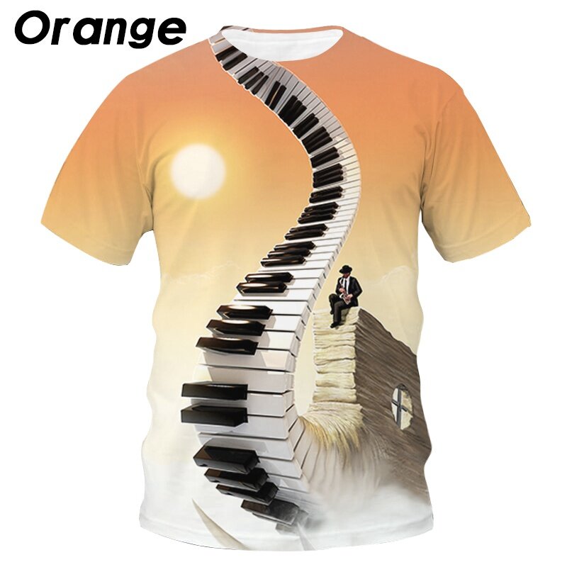Kaus Gambar Not Musik Piano Mode Baru Kaus Lucu 3D Pria Wanita Kaus Hip Hop