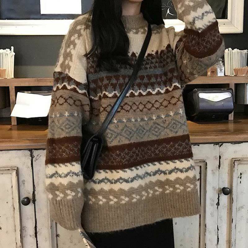 Maglioni Vintage Pullover da donna maglioni invernali a righe Pullover allentato in stile coreano maglieria maglione allentato Casual Pull Femme