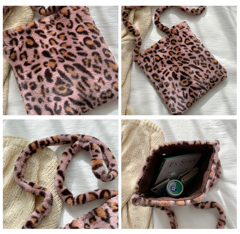 Leopard Print Shoulder Women Bag Winter 2020 Soft Faux Fur Ladies Hand Bags Casual Fluffy Crossbody Messenger Bag Bolsa Feminina