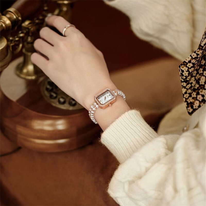 Relojes de pulsera de perlas naturales para mujer, joyería de vestido de moda de verano, reloj de pulsera cuadrado rectangular, relojes de cristales de cuarzo