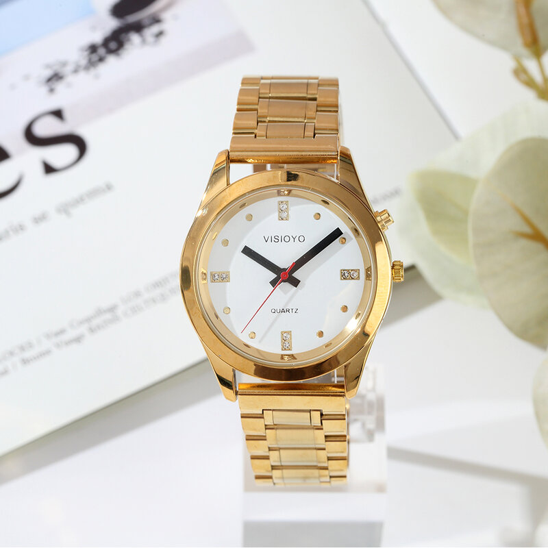 French Talking Watch with Alarm Function, Talking Date and time, White Dial, Folding Clasp, Golden Case TAG-404