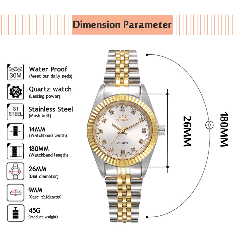 CHENXI-Relógios de pulso dourados para mulheres, relógios de luxo para senhoras, relógio de quartzo elegante, relógio casual feminino, xfcs