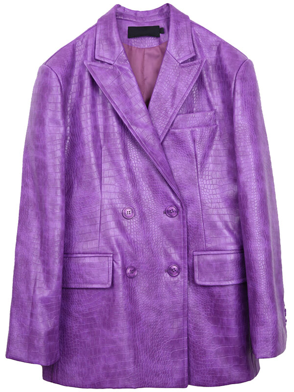 Lautaro Осенний блестящий фиолетовый кожаный пиджак с крокодиловым узором для женщин с длинным рукавом Двубортная оверсайз-куртка из искусственной кожи Y2K  Корейская мода 2021 кожаная куртка женская  пальто