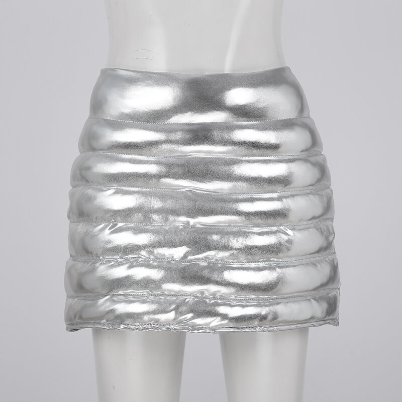 Damskie lekkie Puffer sportowe Skorts ciepłe pikowane spódnica wędrówka na świeżym powietrzu bieganie metaliczne błyszczące srebrne