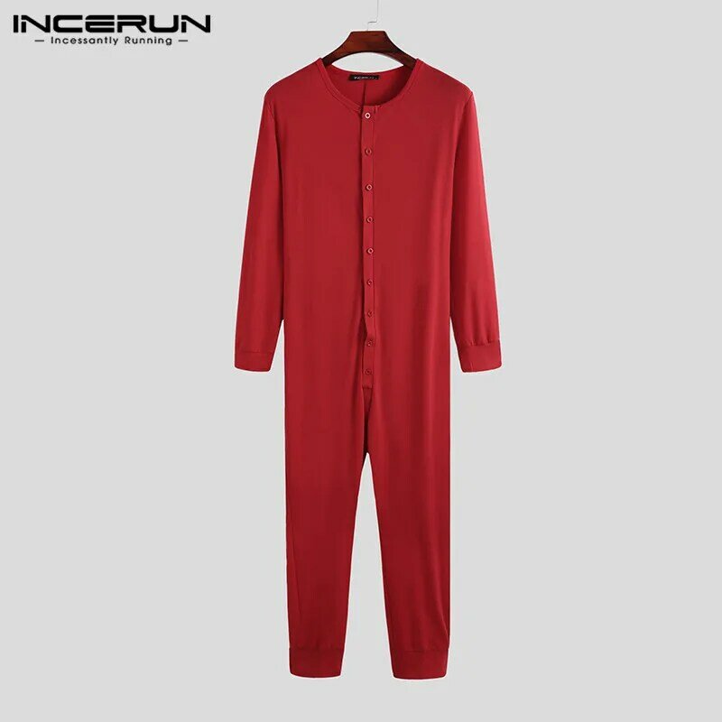 INCERUN Männer Pyjamas Overall Homewear Einfarbig Langarm Komfortabel Taste Freizeit Nachtwäsche Männer Strampler Nachtwäsche S-5XL