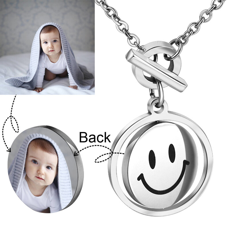MYLONGINGCHARM Smile Necklace Personalize picture for you Stainless steel rotated Pendant with OT chain