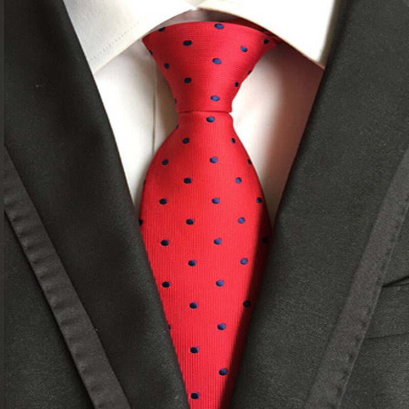 ファッションメンズウェディングパーティーネクタイクラシックポルカドットシルク 100% ネクタイ紺赤ジャカード織 8 センチメートルネクタイ男性のための