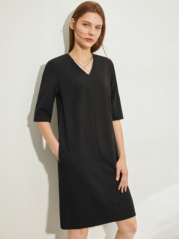 Amii – robe minimaliste décontractée pour femme, tenue de bureau, col en v, ample, longueur aux genoux, en mousseline, nouvelle collection été 12160025