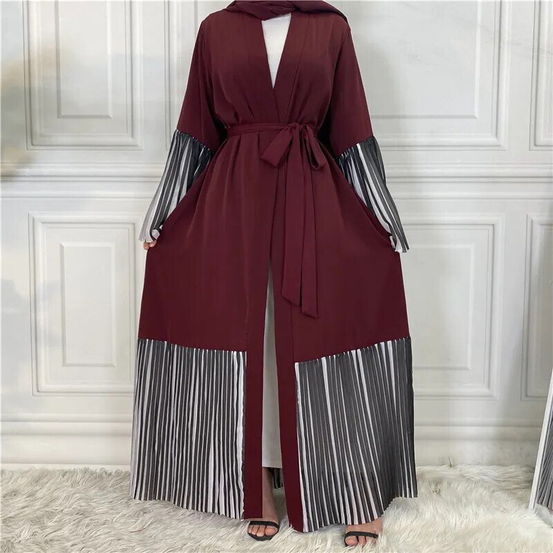 Muslim Pleated Patchwork Abayas For Women Evening Arabic Jilbab Islamic Ramadan Kaftan Maxi Robe Open Kimono Middle East Fashion