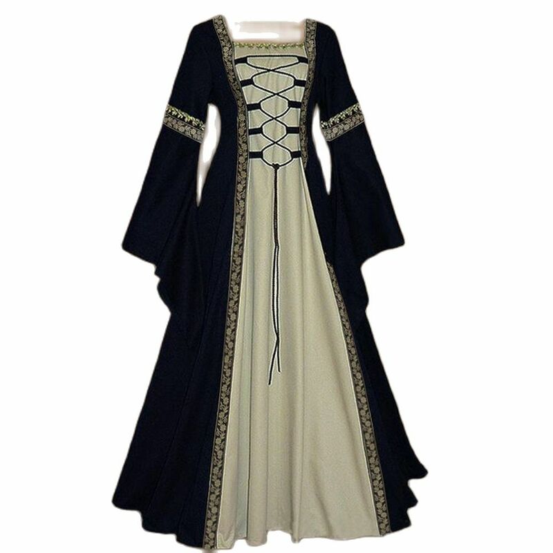 S-5XL w nowym stylu kwadratowy dekolt z długim rękawem sukienka flare rękaw koronkowa długa sukienka Gothic retro damska rola sukienka na występy