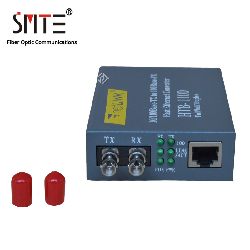 NetLINK-convertidor multimedia HTB-1100-2KM-ST, 10/100M, multimodo, doble fibra óptica, ST RJ45, 2KM, fuente de alimentación externa
