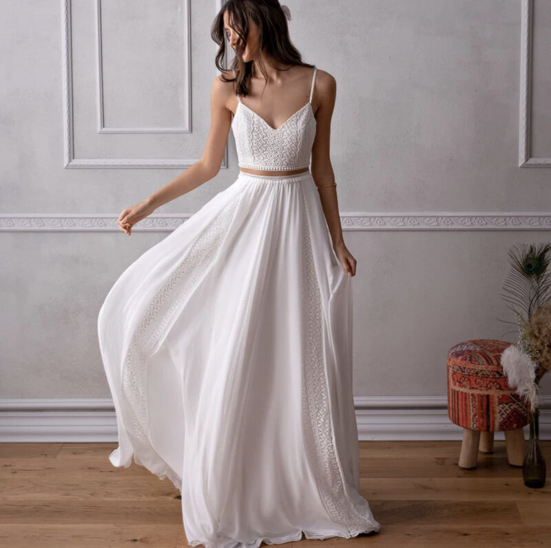 Gaun pernikahan Boho sederhana 2024 gaun pengantin elegan tanpa lengan tali Spaghetti A-Line 2 potong gaun pengantin baru