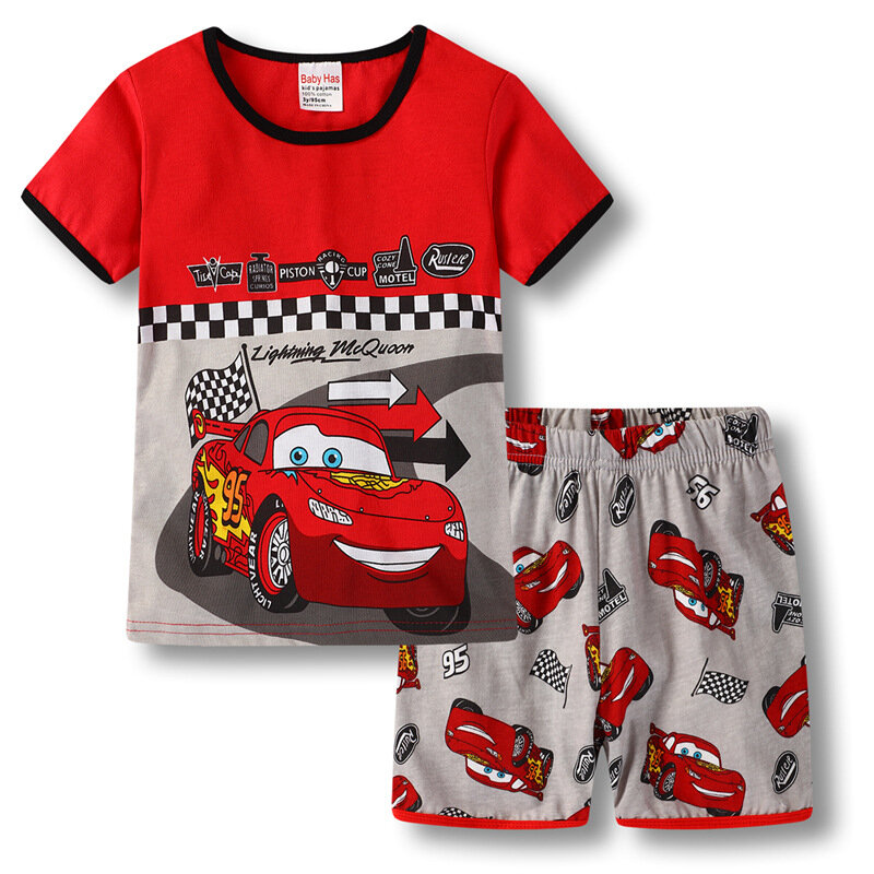 Conjunto de pijama de algodón para niños y niñas, ropa de dormir de manga corta con diseño de coches, novedad de verano