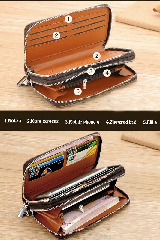Men's Large Capacity Leather Wallet, Double Zipper Clutch Bag, Male Business Wallet
