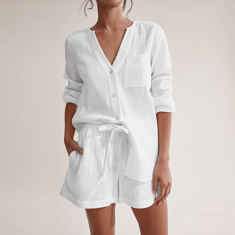 Hiloc Pocket Wit Nachtkleding Katoen Suits Met Shorts Vrouwelijke Vetersluiting Lange Mouwen Set Vrouw 2 Stuks V-hals Vrouwen Pyjama Lente