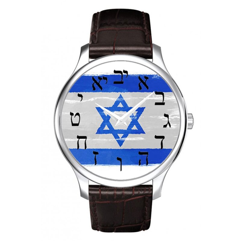 Nieuwe Heren Horloge Israël Blauw En Wit Vlag Lederen Hebreeuws Digitale Quartz Horloge