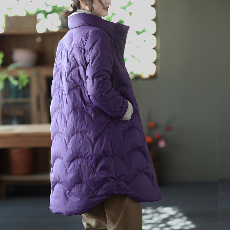 중간 길이 스탠드 업 칼라 버튼 다운 재킷 화이트 덕 다운 재킷, 여성 의류 가을 겨울 따뜻한 2021