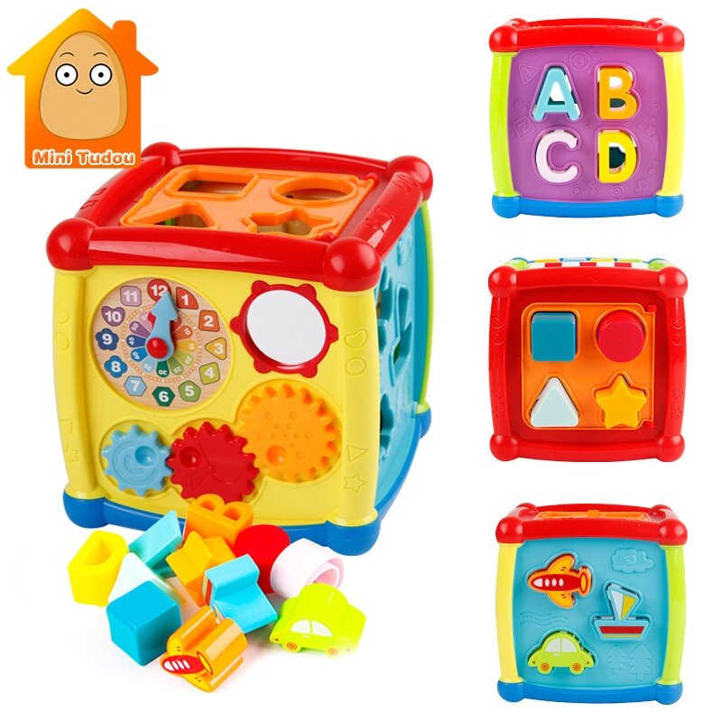 Juguetes musicales multifuncionales para niños pequeños, caja de música electrónica, reloj de engranajes, bloques geométricos, clasificación, juguetes educativos