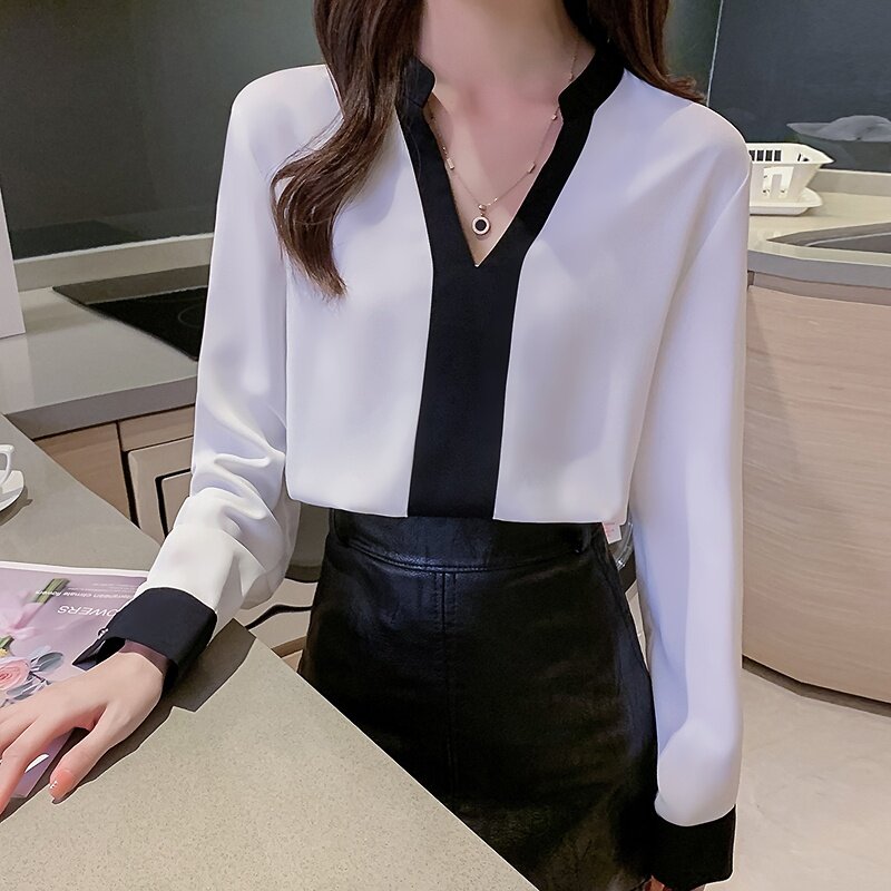 女性用長袖モスリンvネックブラウス,韓国風ルーズフィットシャツ,2021年春ファッション