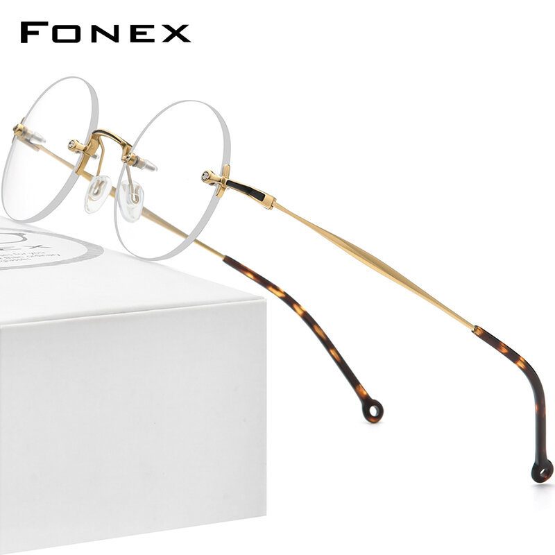 FONEX pure titanium glasses frame men 2022 novo sem aro retro redonda prescrição óculos quadros feminino óculos ópticos f9141