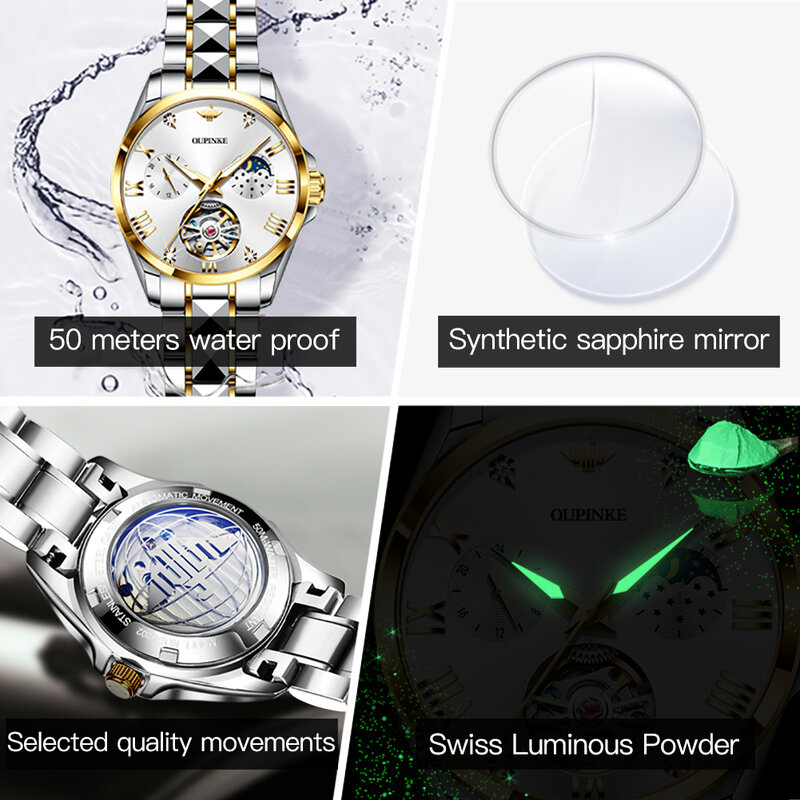 OUPINKE jam tangan pasangan Tourbillon, sepasang untuk pria dan wanita mewah merek Top mekanis otomatis hadiah kekasih
