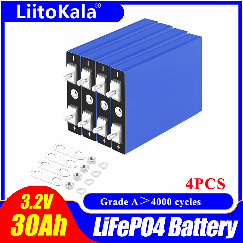 LiitoKala-célula de batería LiFePO4 de 4 piezas, 3,2 V, 30Ah, litio, fosfato de hierro, ciclos profundos para bricolaje, 12V, 24V, 36V, 48V, energía solar, UPS